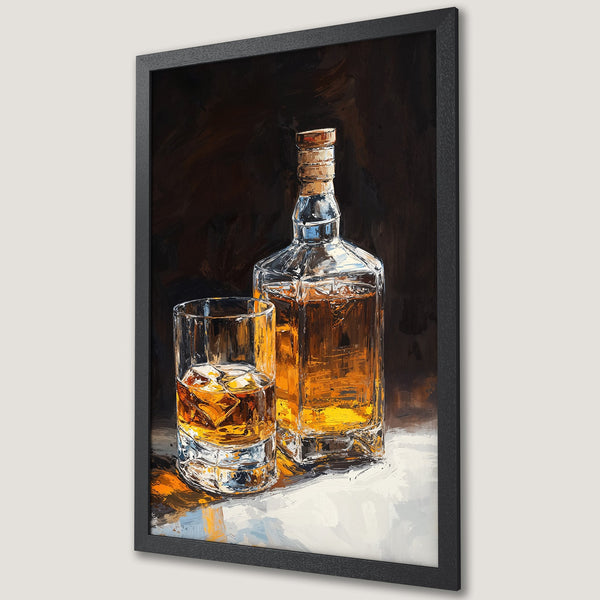 Framed Poster of whiskey bottle and glass, impressionist style, warm amber and brown hues, perfect for home bar decor.