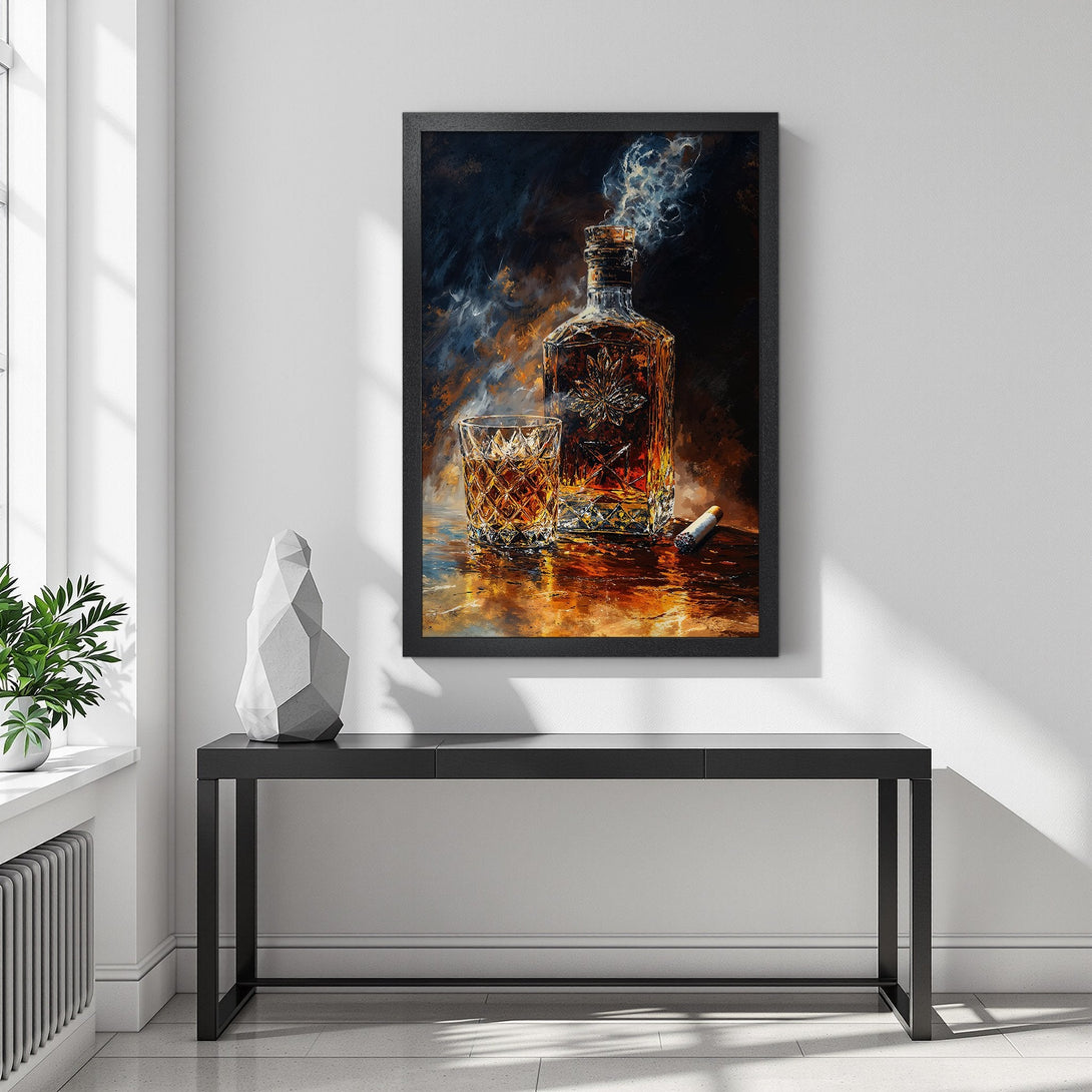 Framed Poster of whiskey and glass with a dark, moody style and warm color palette. Perfect wall art for your home.