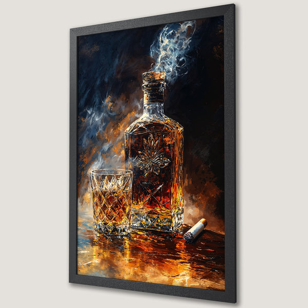 Framed Poster: Whiskey bottle and glass art print. Dark, moody style with warm amber and brown tones. Perfect for home bar decor.