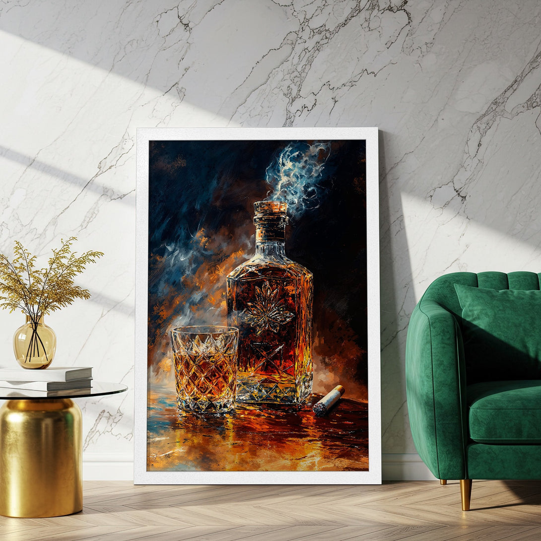 Framed Poster featuring a whiskey bottle and glass in an expressive, painterly style with a warm, rich color palette. Perfect wall decor!