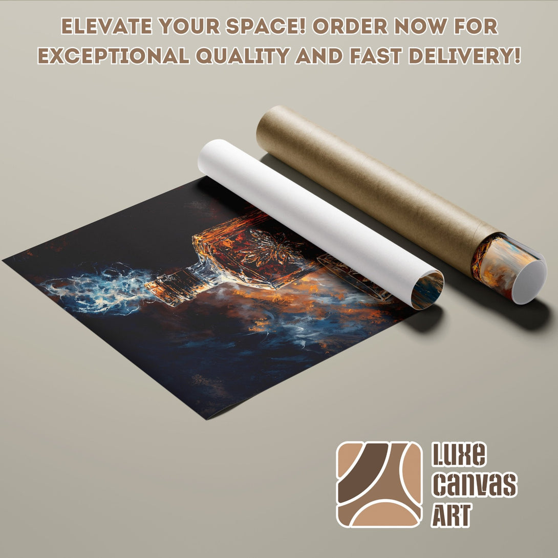 Poster Roll of abstract art with dark blue, orange, and brown color palette. Elevate your space with Luxe Canvas Art!