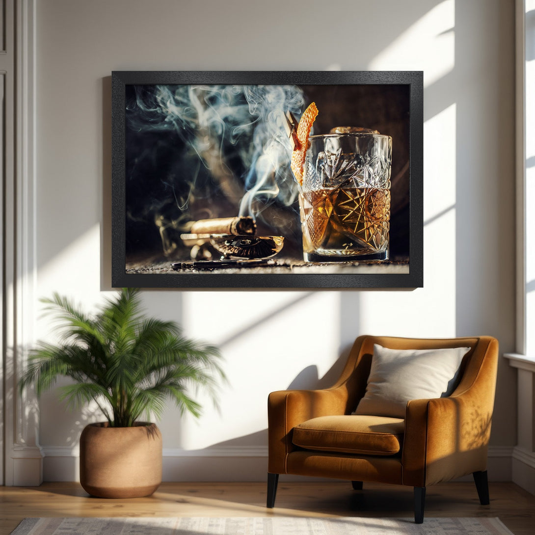 Framed Poster of whiskey and cigar, moody style, warm brown and amber color palette, perfect for home decor.