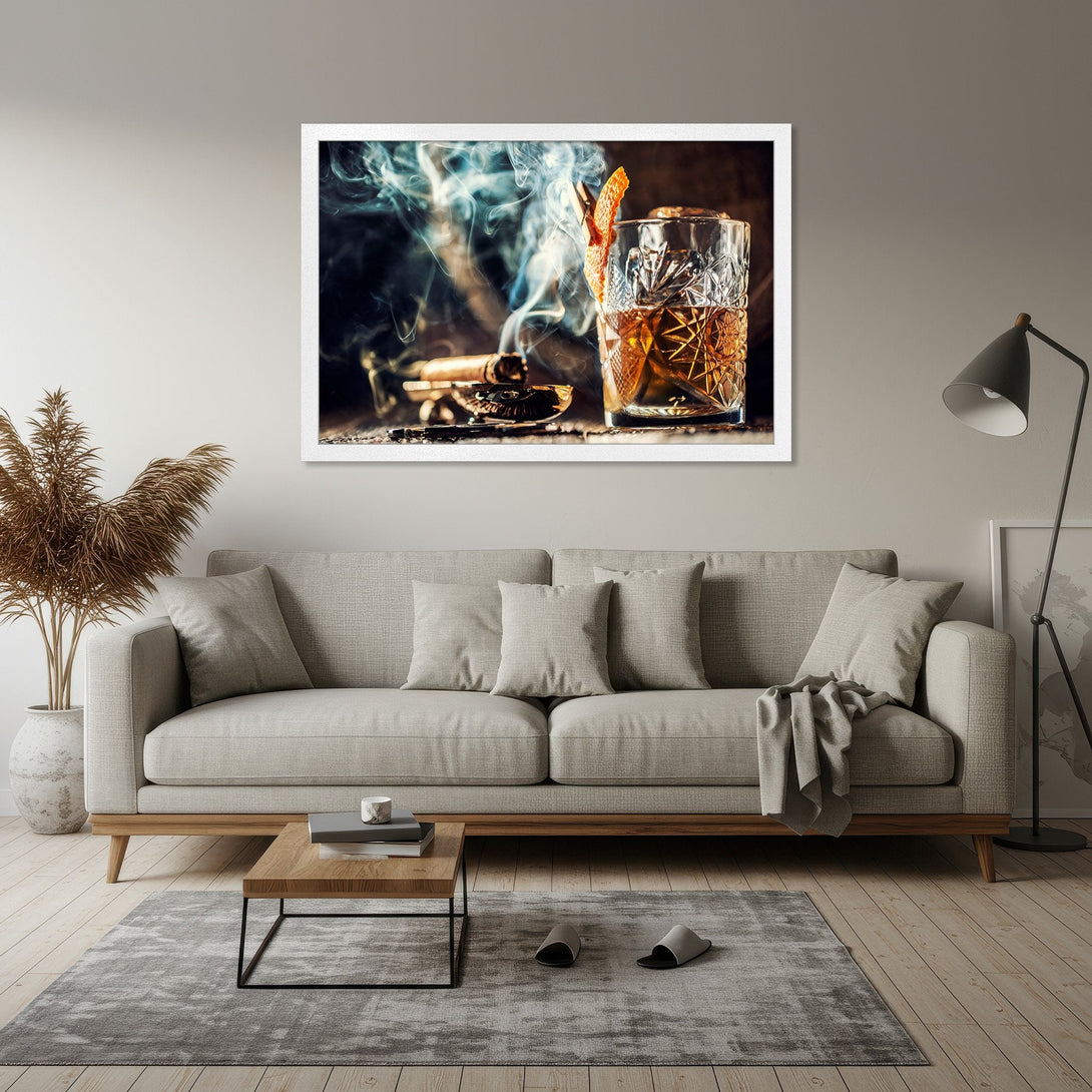 Framed Poster of whiskey cocktail with smoke, warm tones. Perfect for home decor, adds a touch of sophistication to any space.