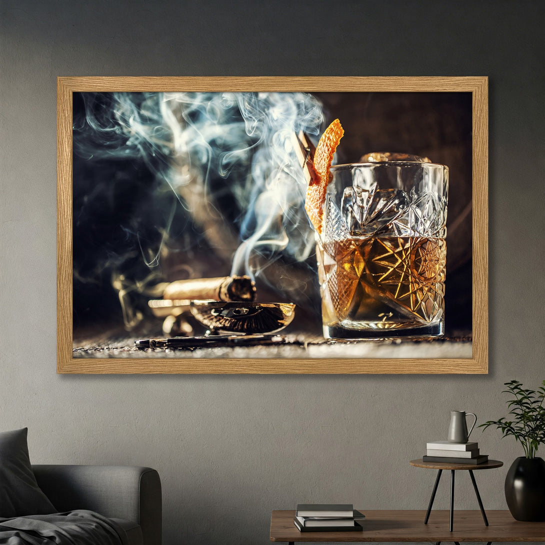 Framed Poster featuring a whiskey cocktail, cigar, and smoke. Dark, moody style with warm brown and amber tones. Perfect for a sophisticated space.