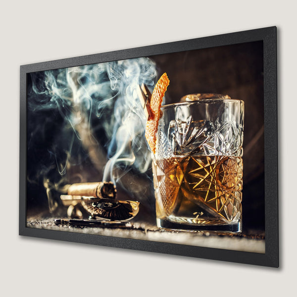 Framed Poster of a whiskey cocktail with a cigar. Dark, moody style with warm brown and gold tones. Perfect for a home bar.