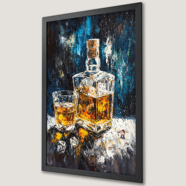 Framed Poster of whiskey still life, abstract style, blue/gold color palette. Perfect wall art for your home bar!