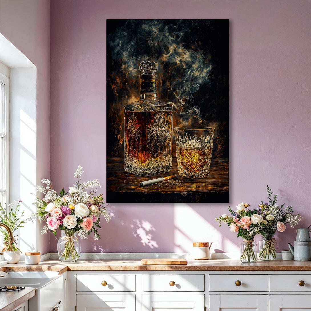 Framed Wall Art: Whiskey still life canvas print in warm, moody tones. Perfect for adding a touch of sophistication to your home decor.