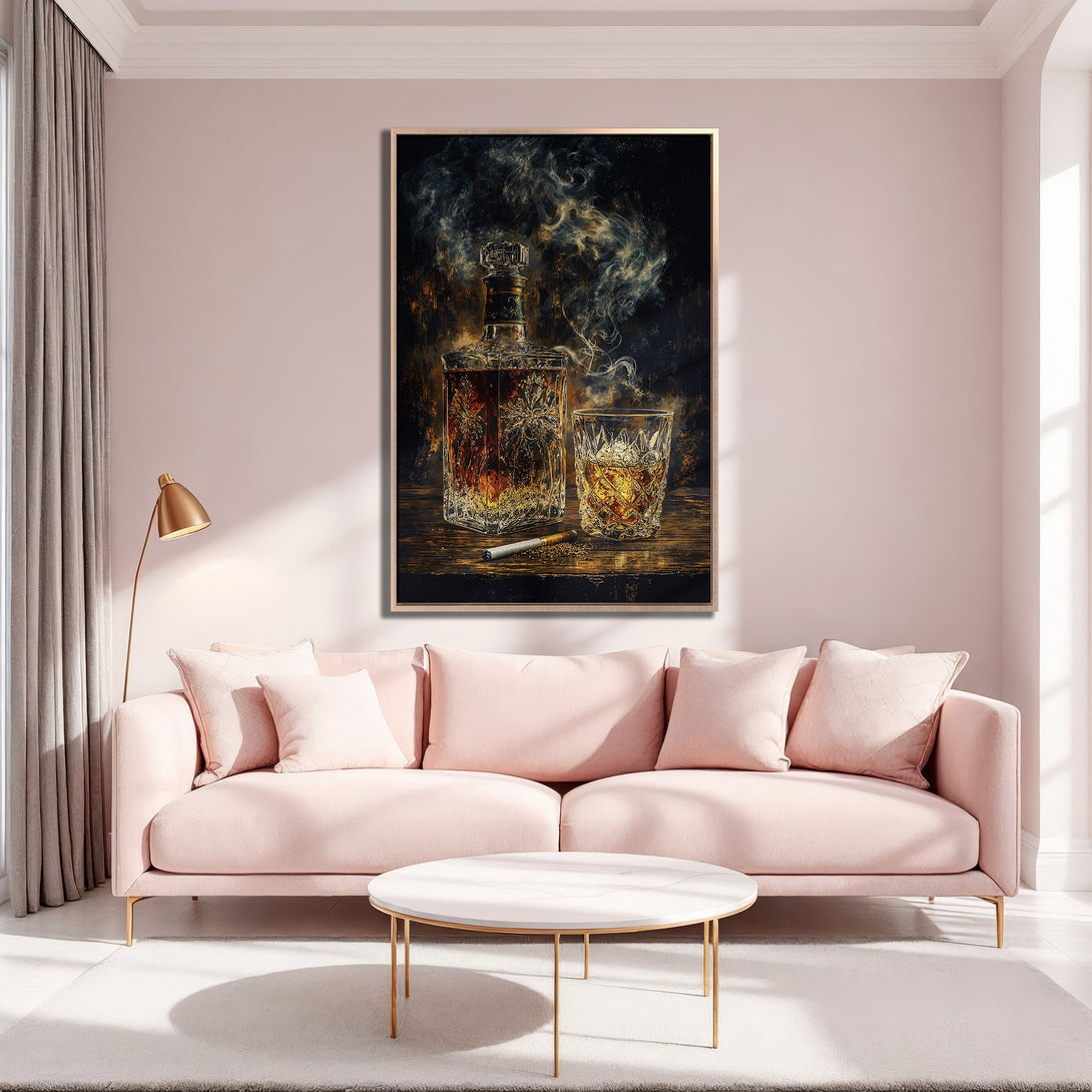 Framed Wall Art: Whiskey still life canvas print in warm tones. Dramatic art with a gold frame, perfect for adding a touch of sophistication.