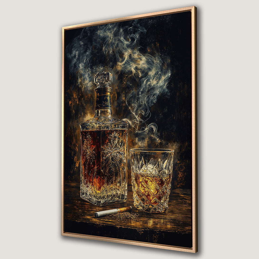 Framed Wall Art of a whiskey bottle and glass with smoke, cigarette, and warm, dark color palette. Perfect for a sophisticated home bar or den.