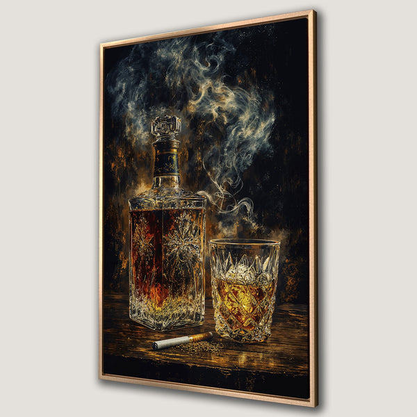 Framed Wall Art of a whiskey bottle and glass with smoke, cigarette, and warm, dark color palette. Perfect for a sophisticated home bar or den.