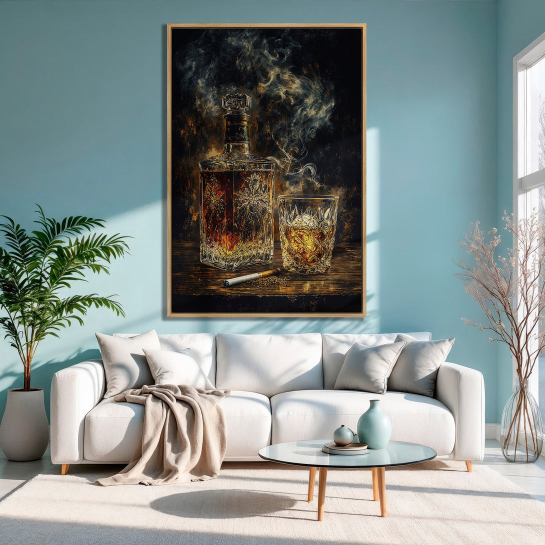 Framed Wall Art: Whiskey still life Canvas Print in warm tones. Adds sophistication to any interior. Perfect for living rooms and bars.