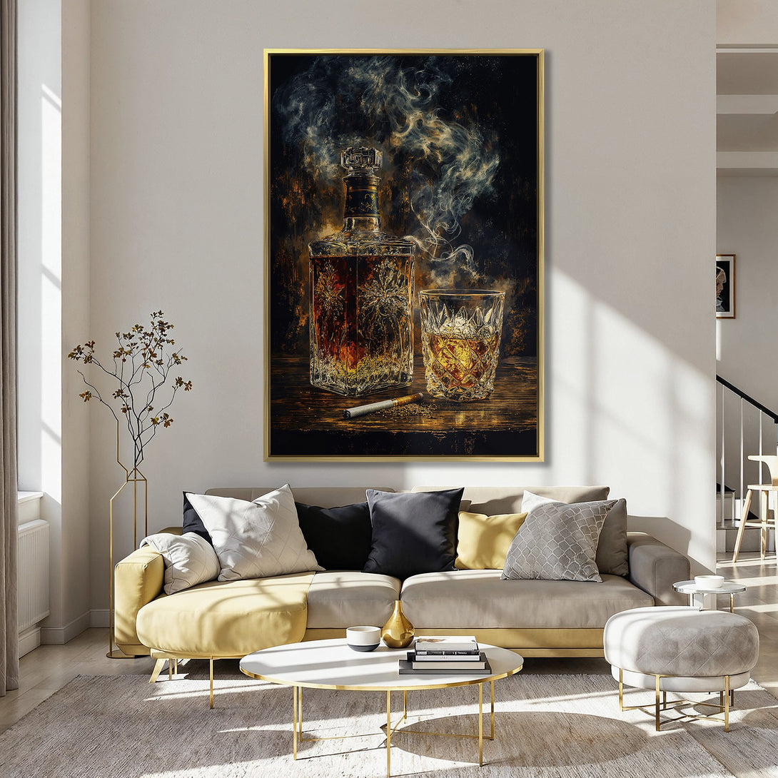 Canvas Print of whiskey bottle and glass with smoke, dark & moody style, warm brown and gold tones. Perfect home decor.
