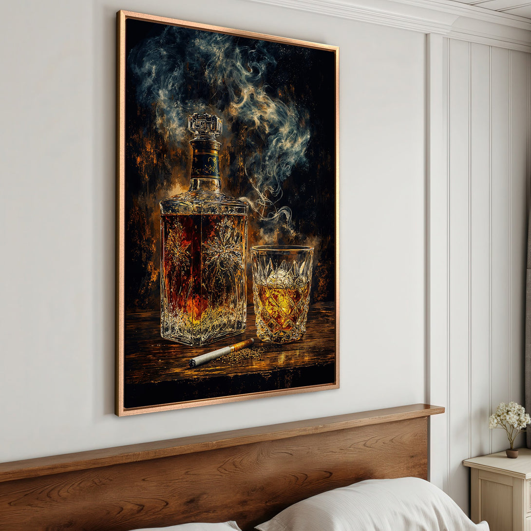 Framed Wall Art: Whiskey bottle & glass with smoke, in a moody, artistic style. Earthy tones of brown, gold, and black. Perfect for a sophisticated space.