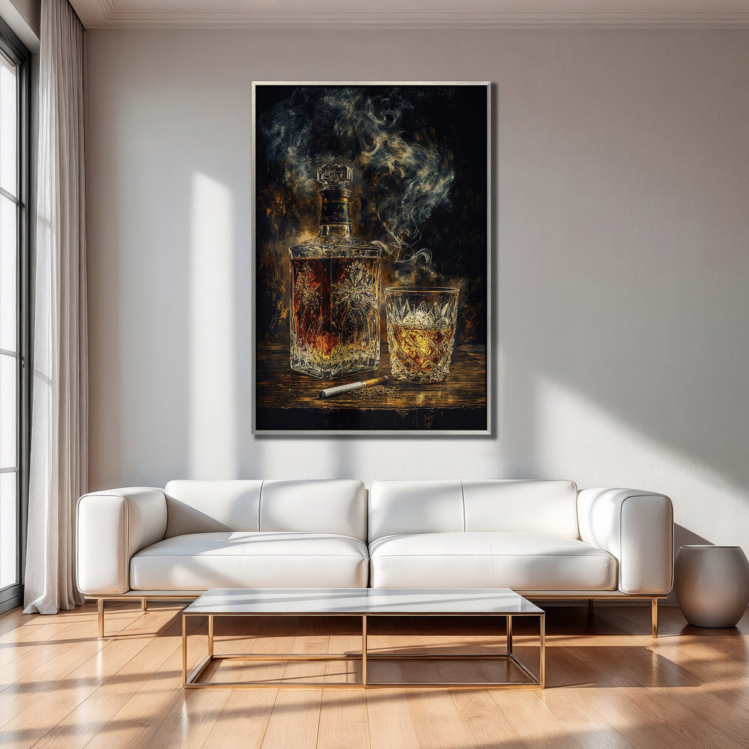 Framed Wall Art of whiskey decanter and glass, dark and moody style, warm brown and gold tones. Perfect for your home bar!