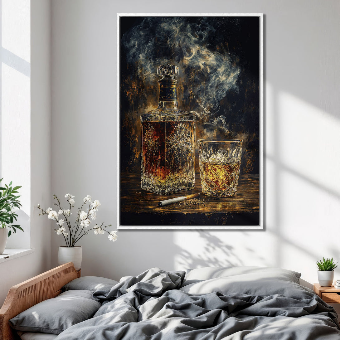 Framed Wall Art featuring a whiskey decanter and glass, dramatic style with warm amber and black tones. Perfect for a sophisticated home decor.
