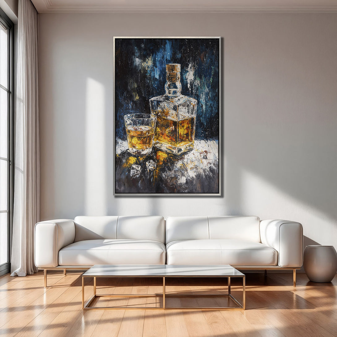 Framed Wall Art: Abstract whiskey painting in warm gold and blue tones. Modern home decor with a white sofa and interior design.