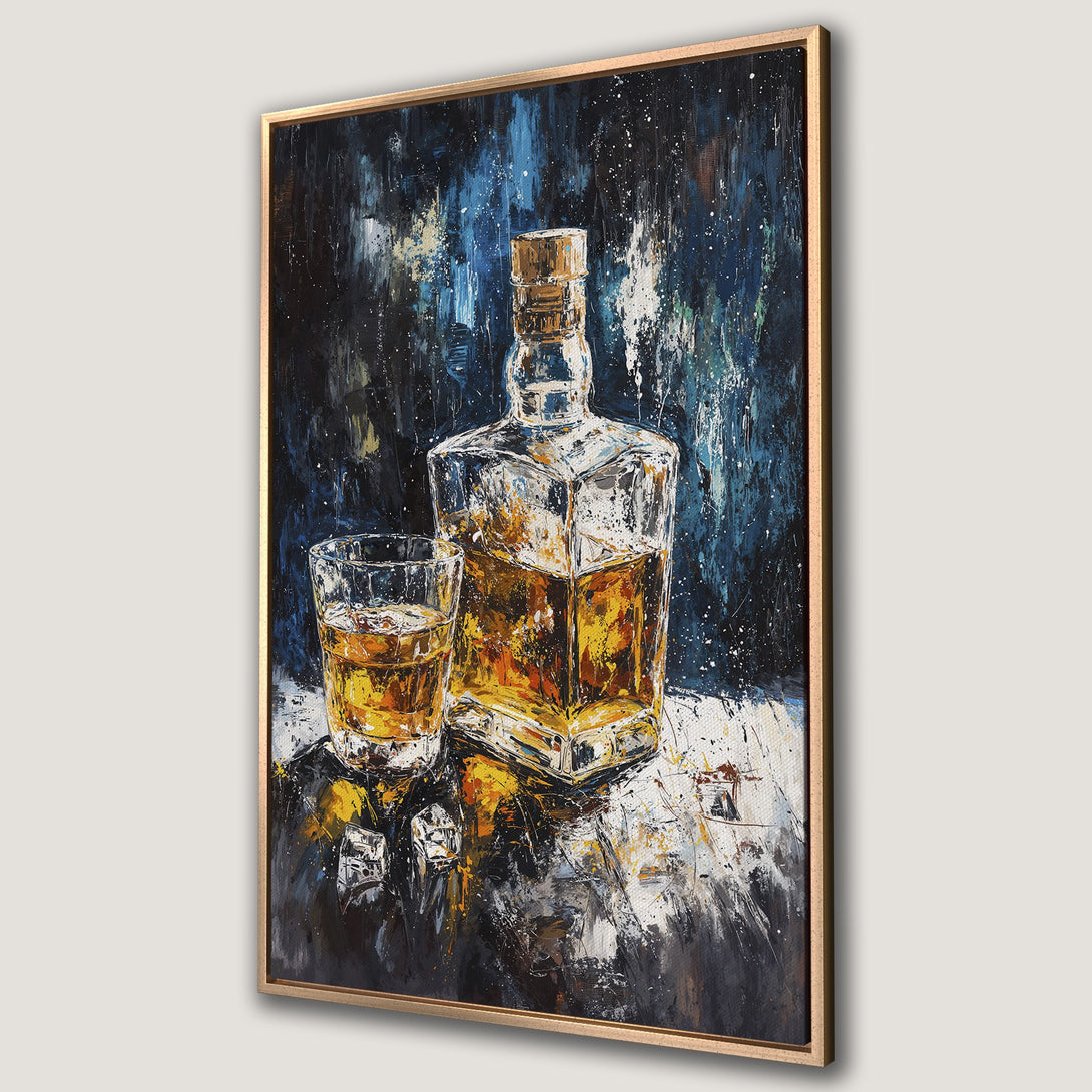 Framed Wall Art: Abstract painting of whiskey bottle & glass in rich blue, gold, and black tones. Perfect for a sophisticated home bar or living room.