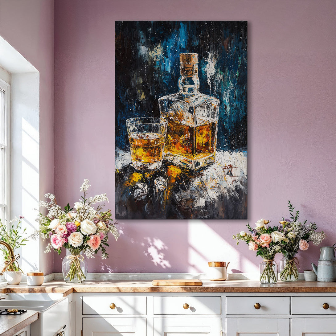 Framed Wall Art: Abstract whiskey painting in a modern interior. Blue, gold, and amber color palette. Perfect for adding sophistication to your space.