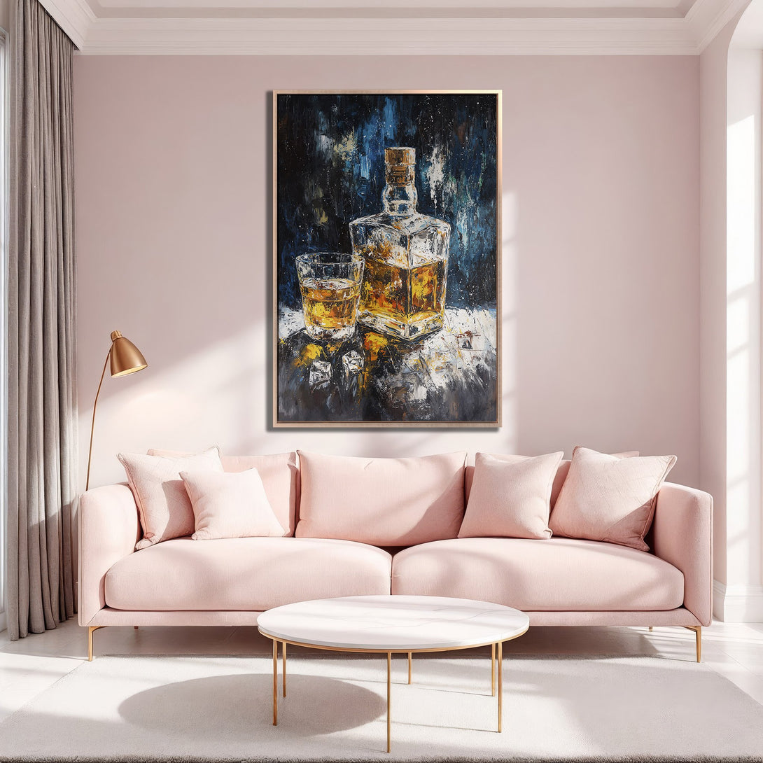 Framed Wall Art: Abstract whiskey still life in blue, gold, and amber tones. Modern canvas print adds a touch of sophistication to any interior.
