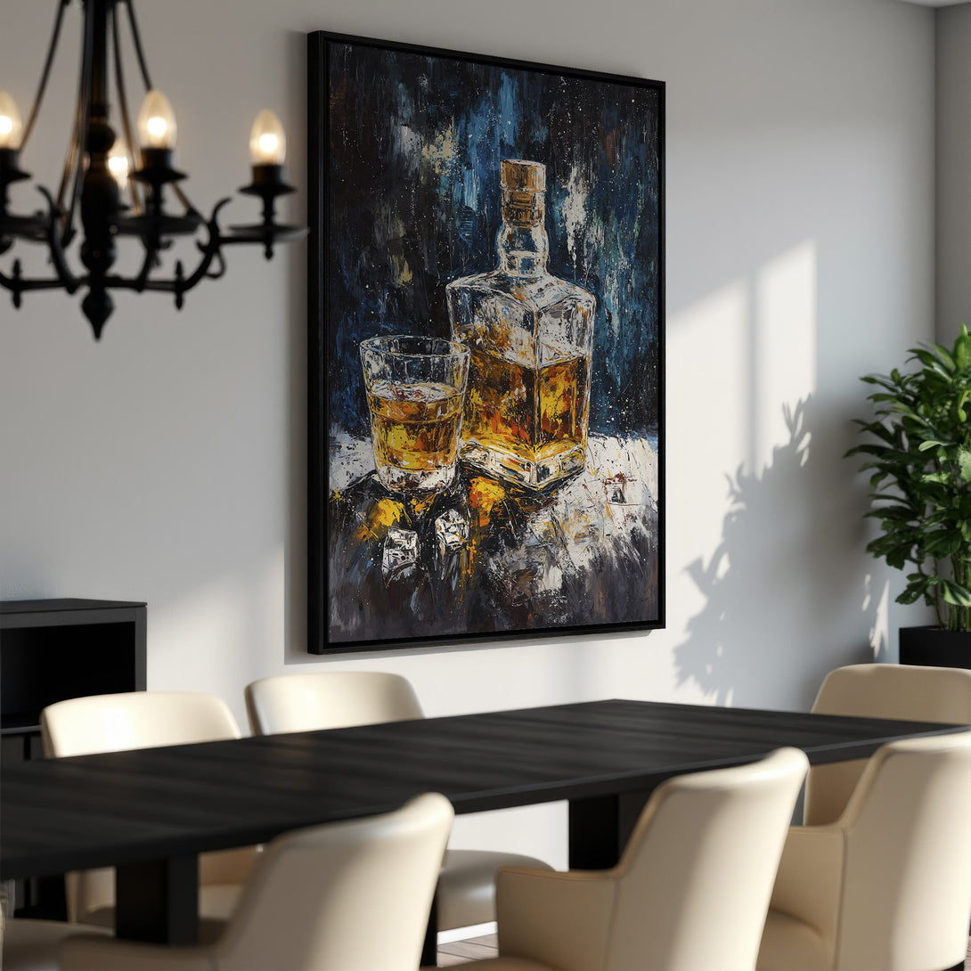 Framed Wall Art: Whiskey bottle and glass painting in a dining room. Abstract style with blue, gold, and white color palette. Perfect for home decor.
