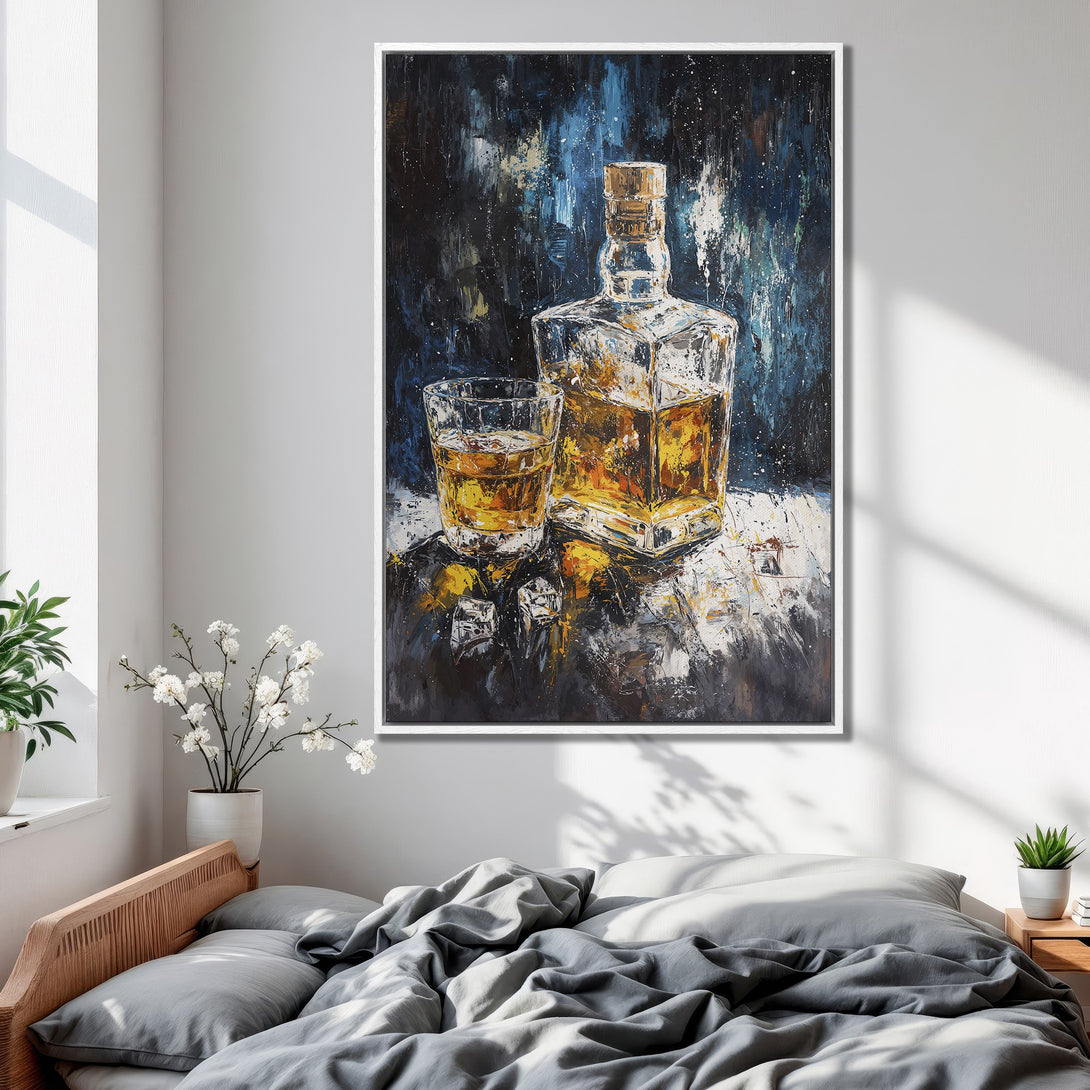 Framed Wall Art: Abstract painting of whiskey decanter & glass in a bedroom. Features a blue, gold, and white color palette. Perfect for home decor.