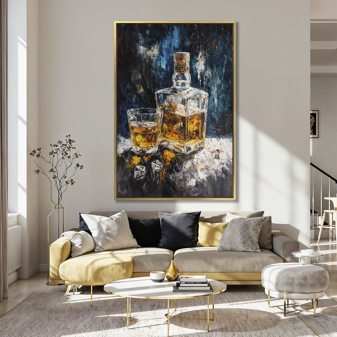 Canvas Print of whiskey bottle and glass in an abstract style, with a warm, inviting color palette. Perfect wall art for kitchen or bar.