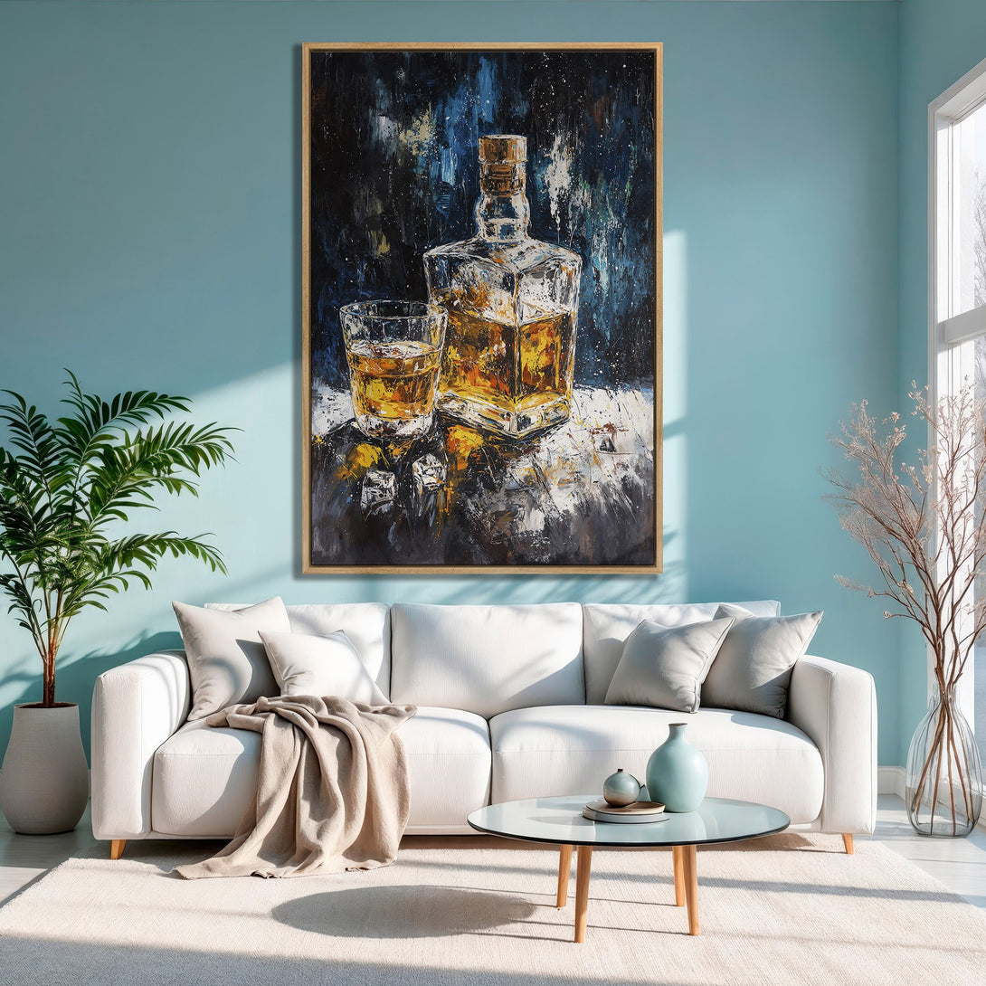 Framed Wall Art: Abstract whiskey painting in a modern living room. Features a warm, amber color palette with blues and whites. Perfect home decor!
