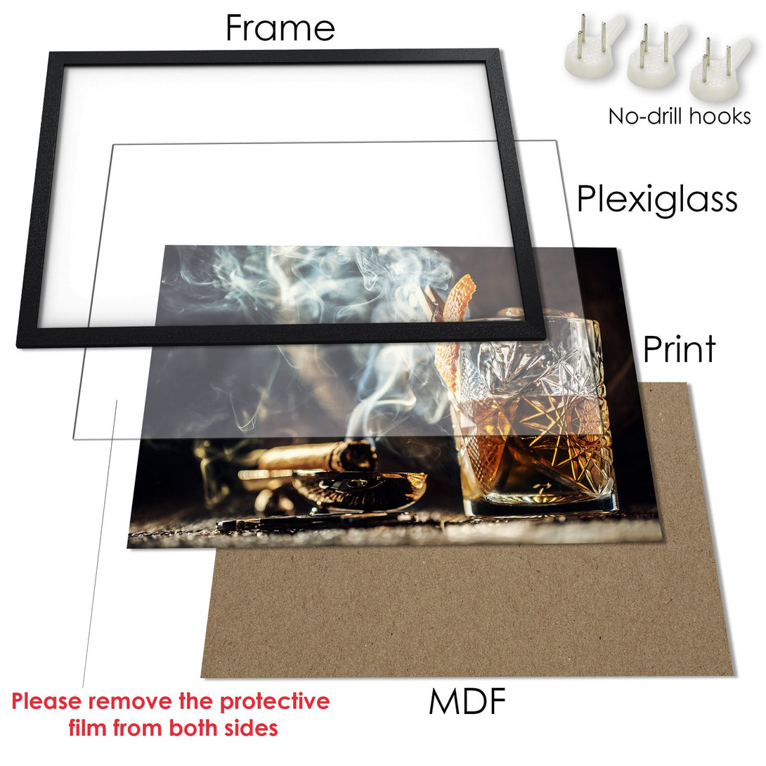 Framed Poster featuring a whiskey glass, cigar, and smoke. Stylish, warm tones of brown, amber, and black. Perfect wall art.