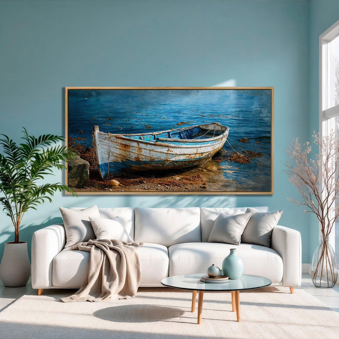 Framed Wall Art: Coastal boat scene in blue and brown tones. Serene seascape canvas print for a calming living room.