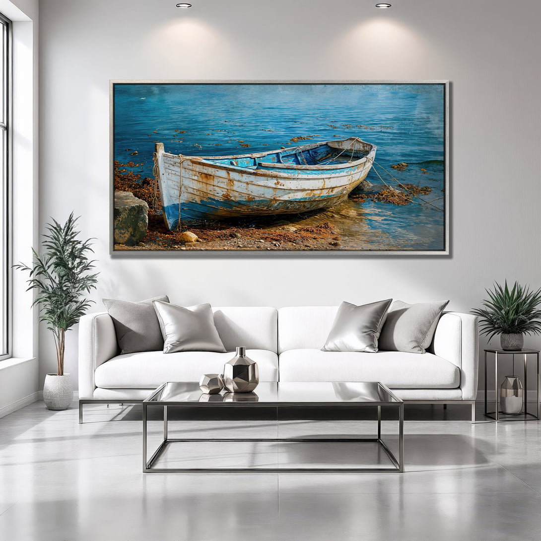 Framed Wall Art: Coastal boat scene in blue and white. Rustic style Canvas Print adds a calming touch to any interior. Shop now!