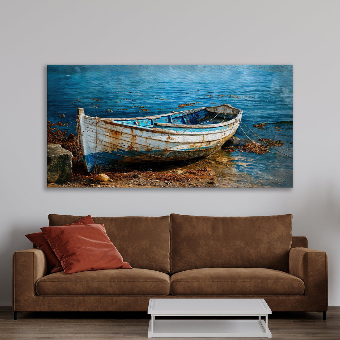 Framed Wall Art: Coastal boat scene in blue and white hues. Enhance your space with this serene Canvas Print, perfect for a calming interior.