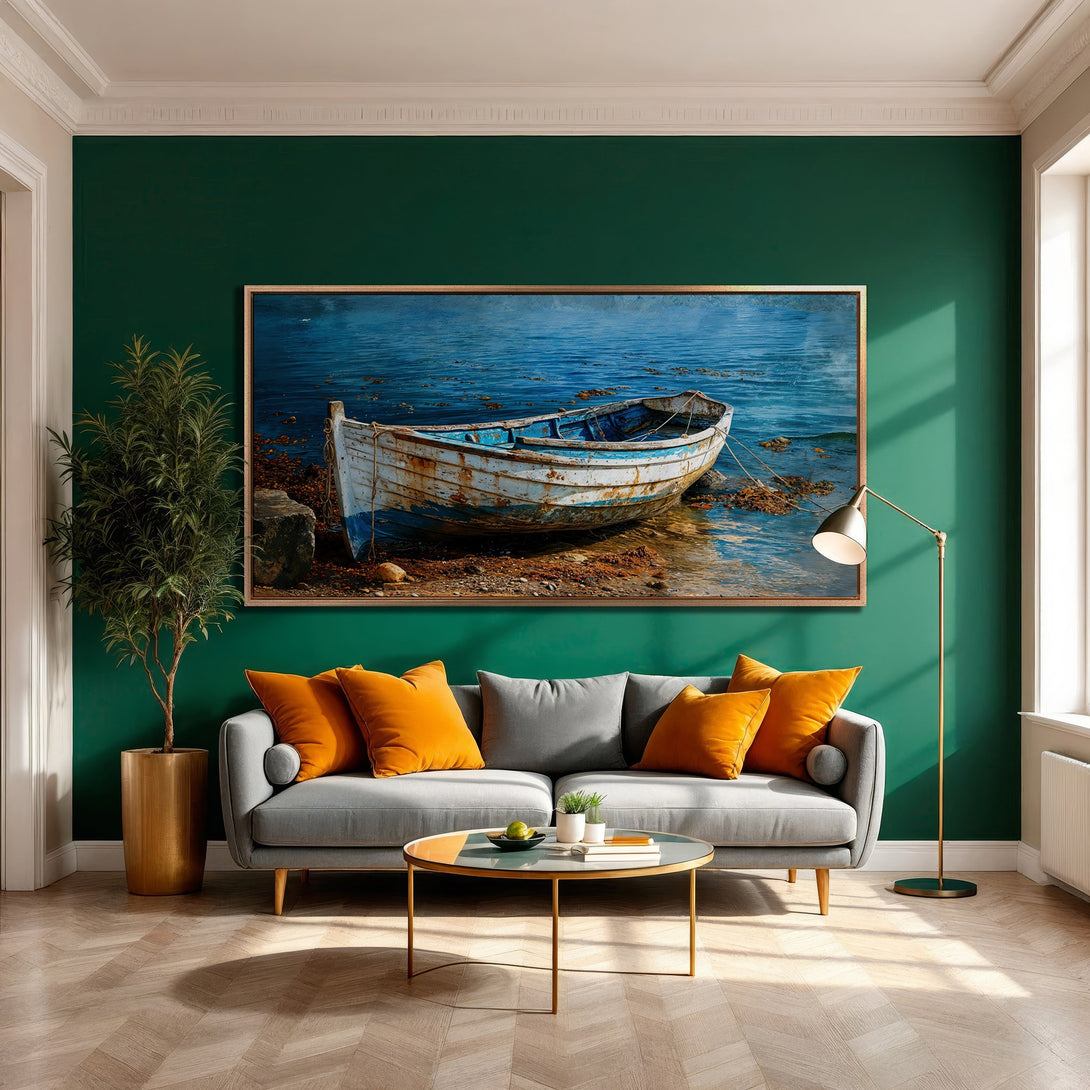 Framed Wall Art: Coastal boat scene in blue & white tones, displayed in a modern interior with a green wall & orange accents. Elevate your space with art!