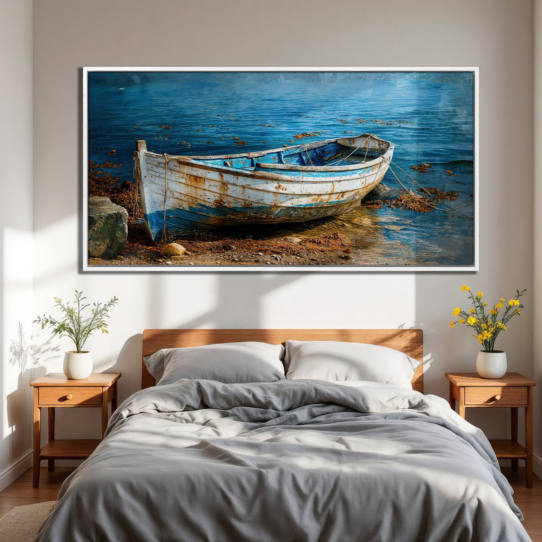 Framed Wall Art: Coastal boat scene in blue and white. Serene artwork for bedroom decor. Enhance your space with this beautiful Canvas Print.