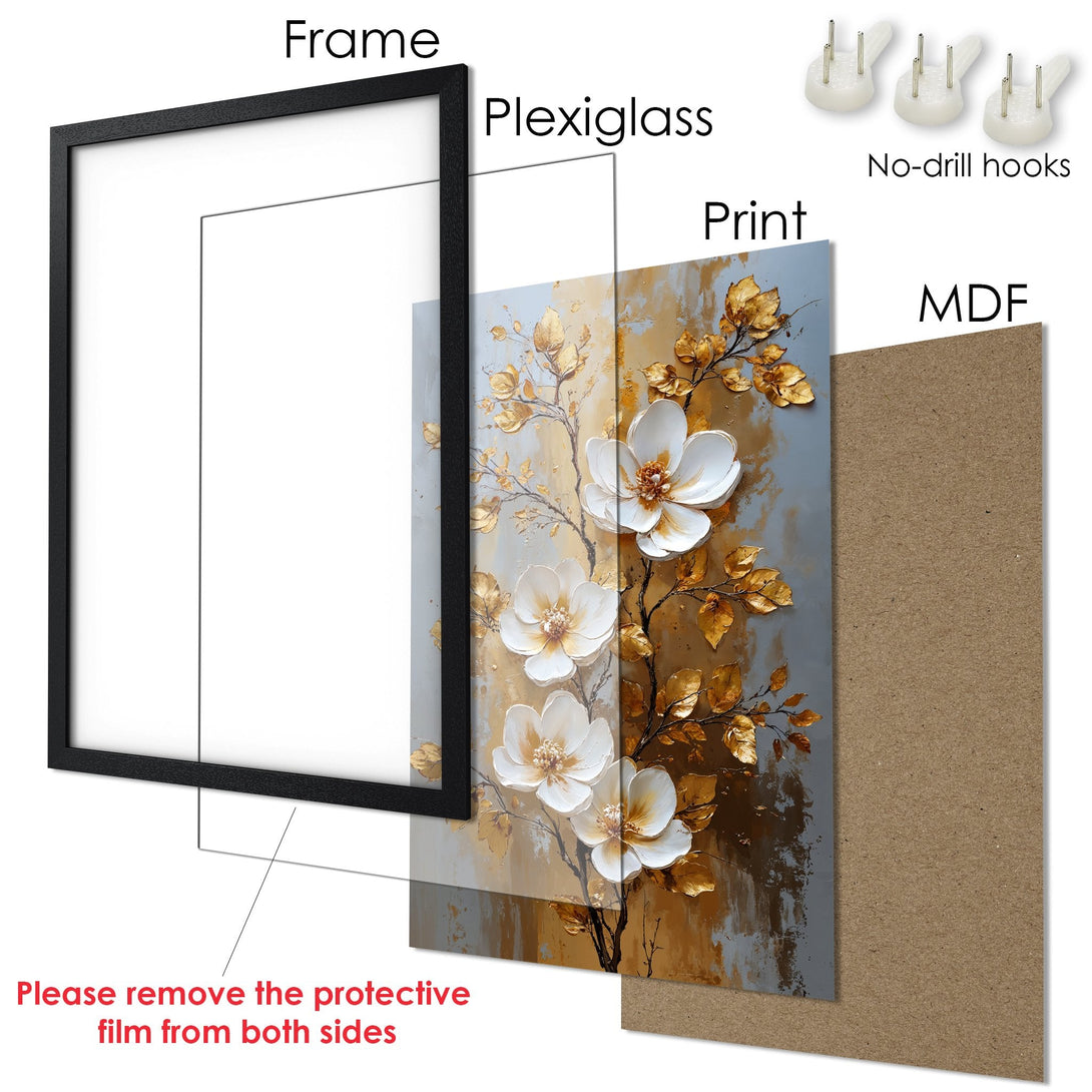 Framed Poster featuring white flowers and gold leaves on a grey and gold background. Elegant art print for home decor.