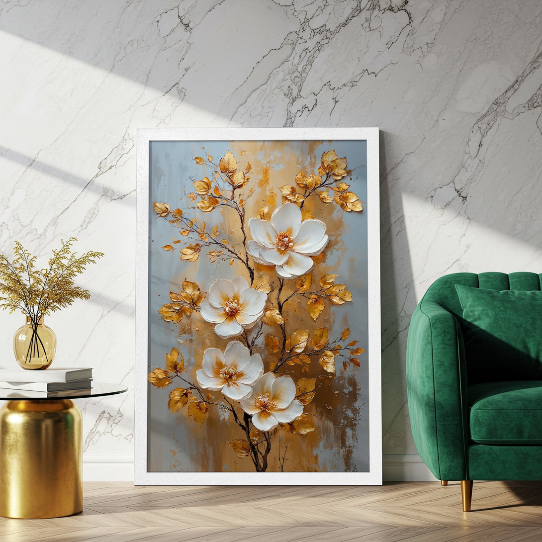 Framed Poster featuring elegant white floral artwork with gold accents, set against a neutral background. A stunning piece with a warm color palette.