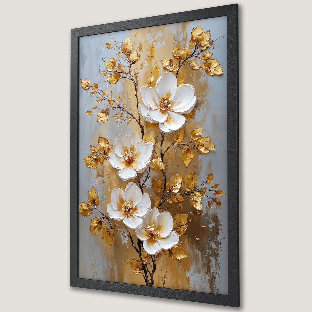 Framed Poster featuring elegant floral art in white and gold on a gray background. Perfect wall decor for a touch of luxury.