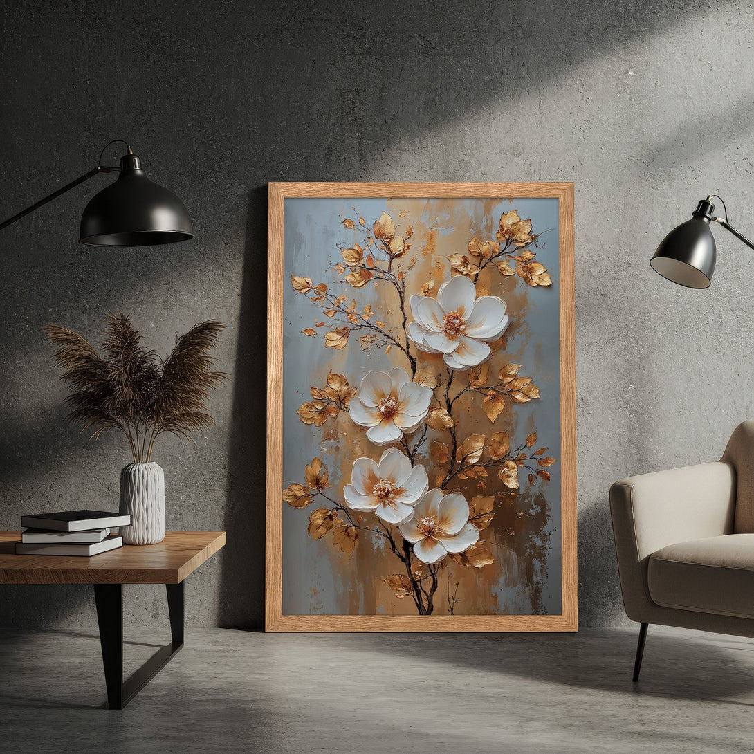 Framed Poster featuring white floral art with gold leaves, on a neutral palette, perfect for home decor.