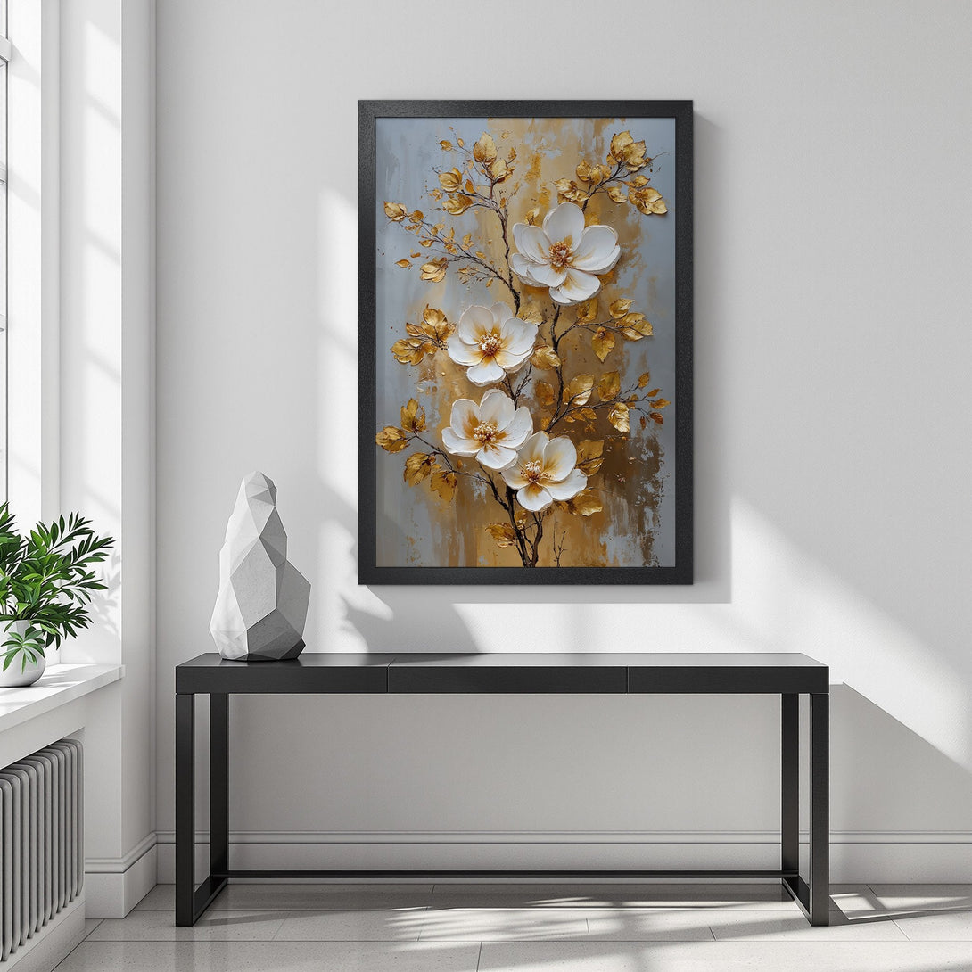 Framed Poster of white floral art with gold accents, perfect for modern home decor.