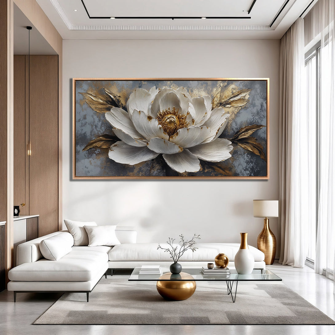 Framed Wall Art: Elegant floral canvas print in white, gold, and gray. Modern abstract style, perfect for living room decor.