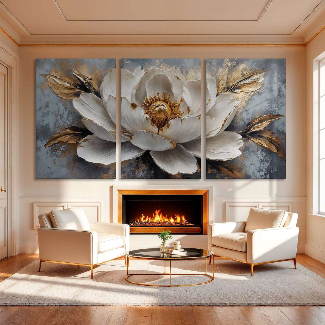 Elegant Canvas Print of a white and gold floral painting. Modern abstract art in a neutral color palette, perfect for home decor.