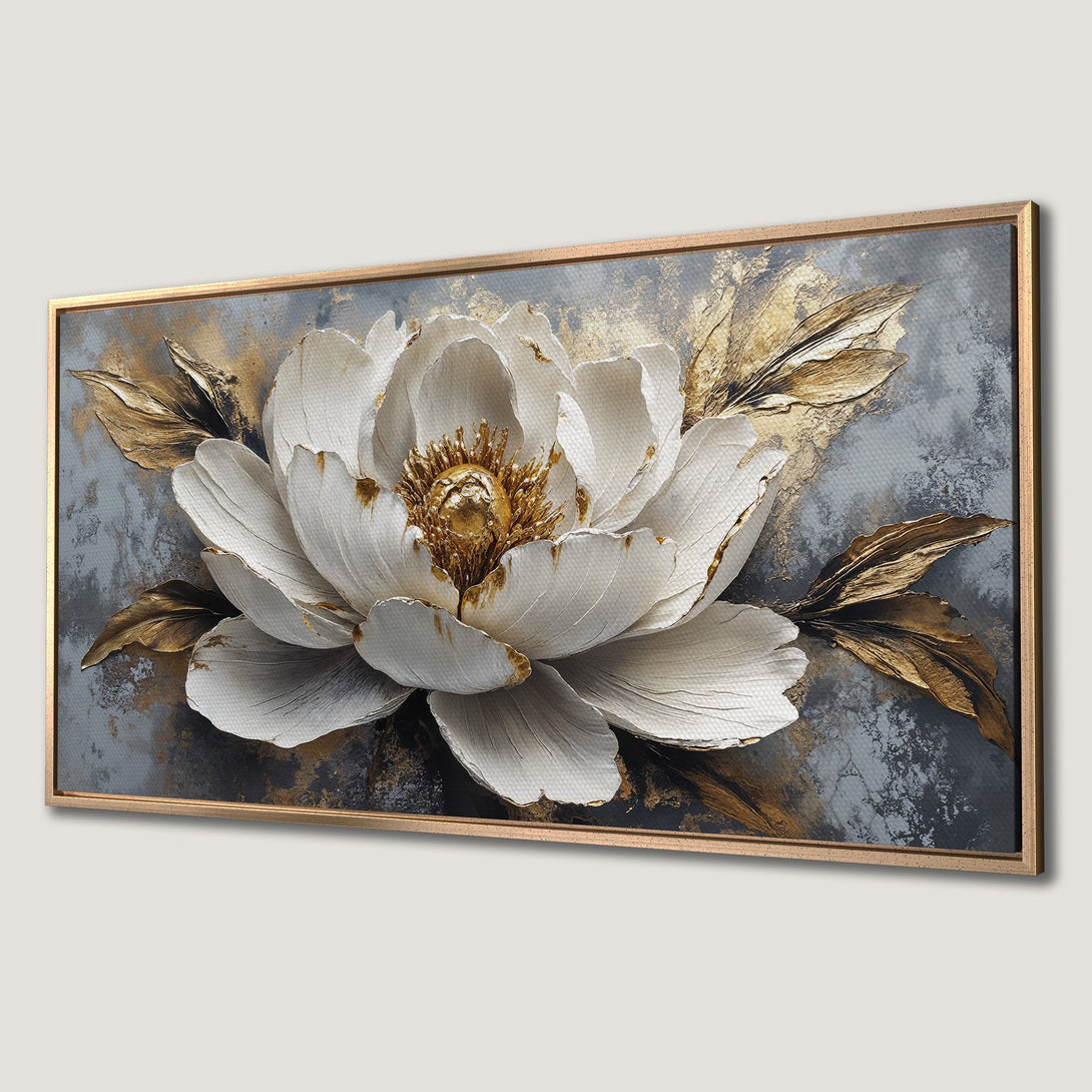 Framed Wall Art: Elegant white flower canvas print with gold accents on a gray background. Perfect for adding a touch of luxury to your home decor.