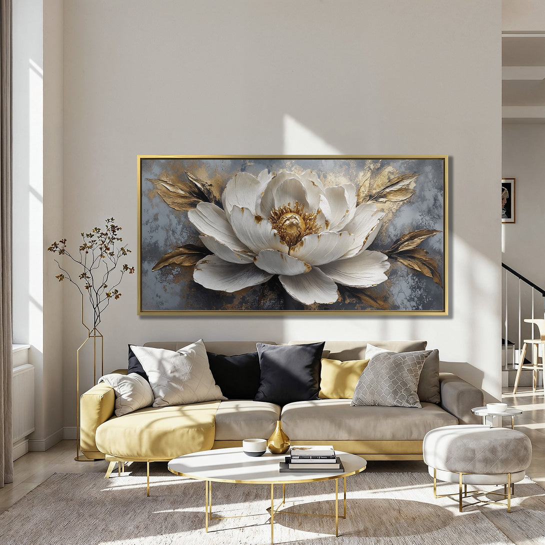 Canvas Print featuring a textured white and gold floral design. Elegant wall art with a neutral and warm color palette. Perfect for home decor.