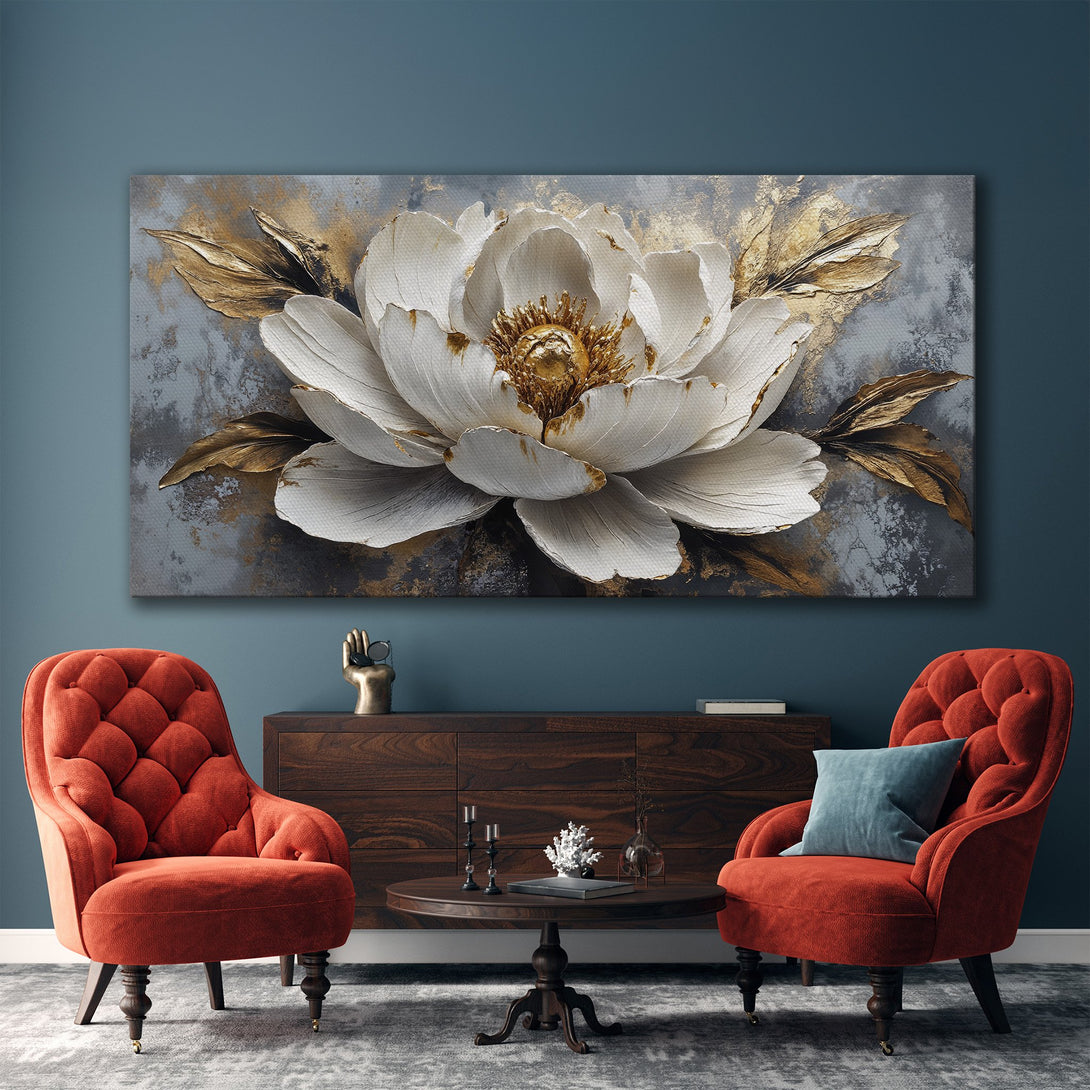 Framed Wall Art: Elegant floral canvas print in a modern style with a white, gold, and gray color palette. Perfect for living room decor!