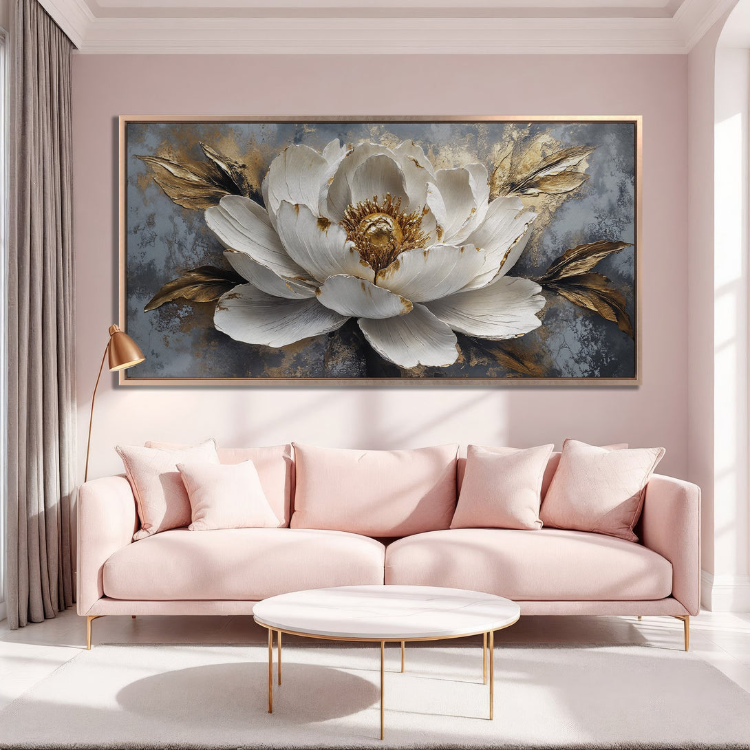 Framed Wall Art featuring a stunning white and gold floral design. Modern, elegant canvas print with a soft pink and gray color palette. Perfect for any room!