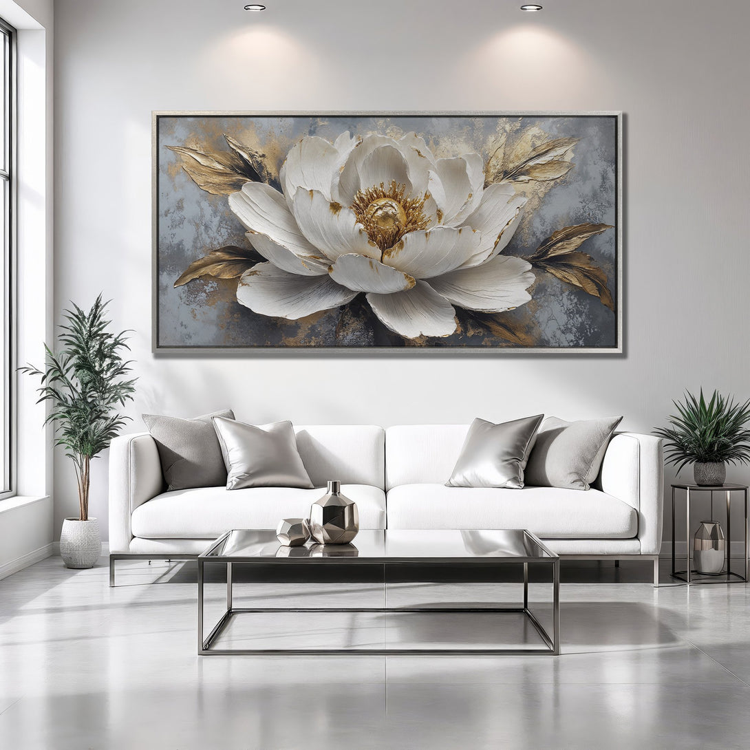 Framed Wall Art: Elegant white flower art with gold accents. Modern style, neutral gray and gold palette. Perfect for living room decor.