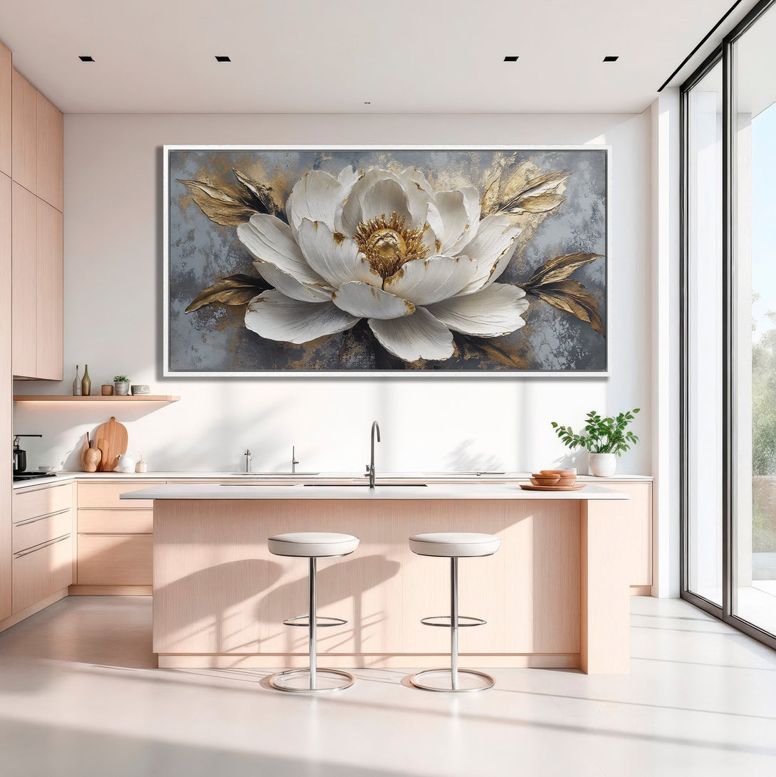 Framed Wall Art: Stunning white & gold floral canvas print, perfect for modern kitchens. Adds elegance with a neutral color palette and textured style.
