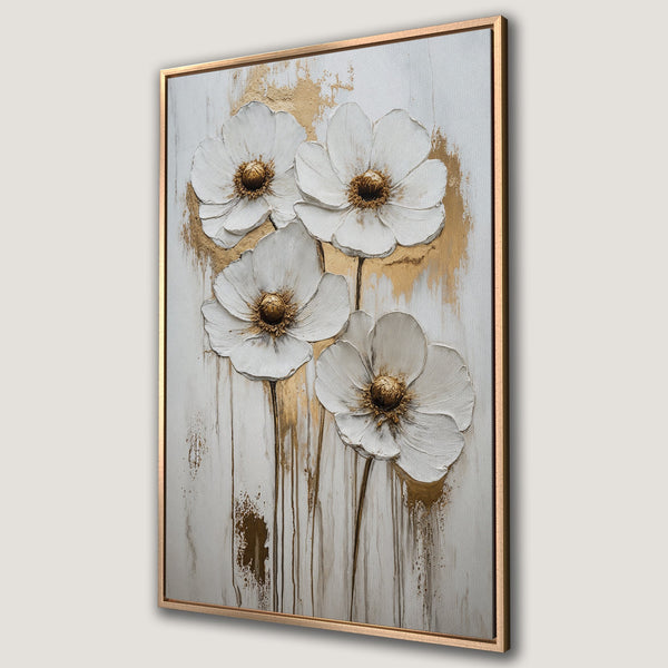 Framed Wall Art featuring elegant white flower painting with gold accents on a textured canvas. Modern floral art in neutral tones, perfect for home decor.