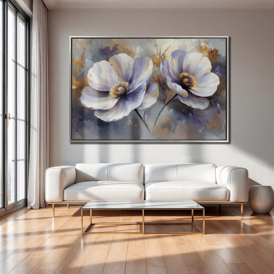 Framed Wall Art: Large floral painting in neutral tones (white, gray, gold, purple) adds elegance to a modern living room. Canvas Print for home decor.