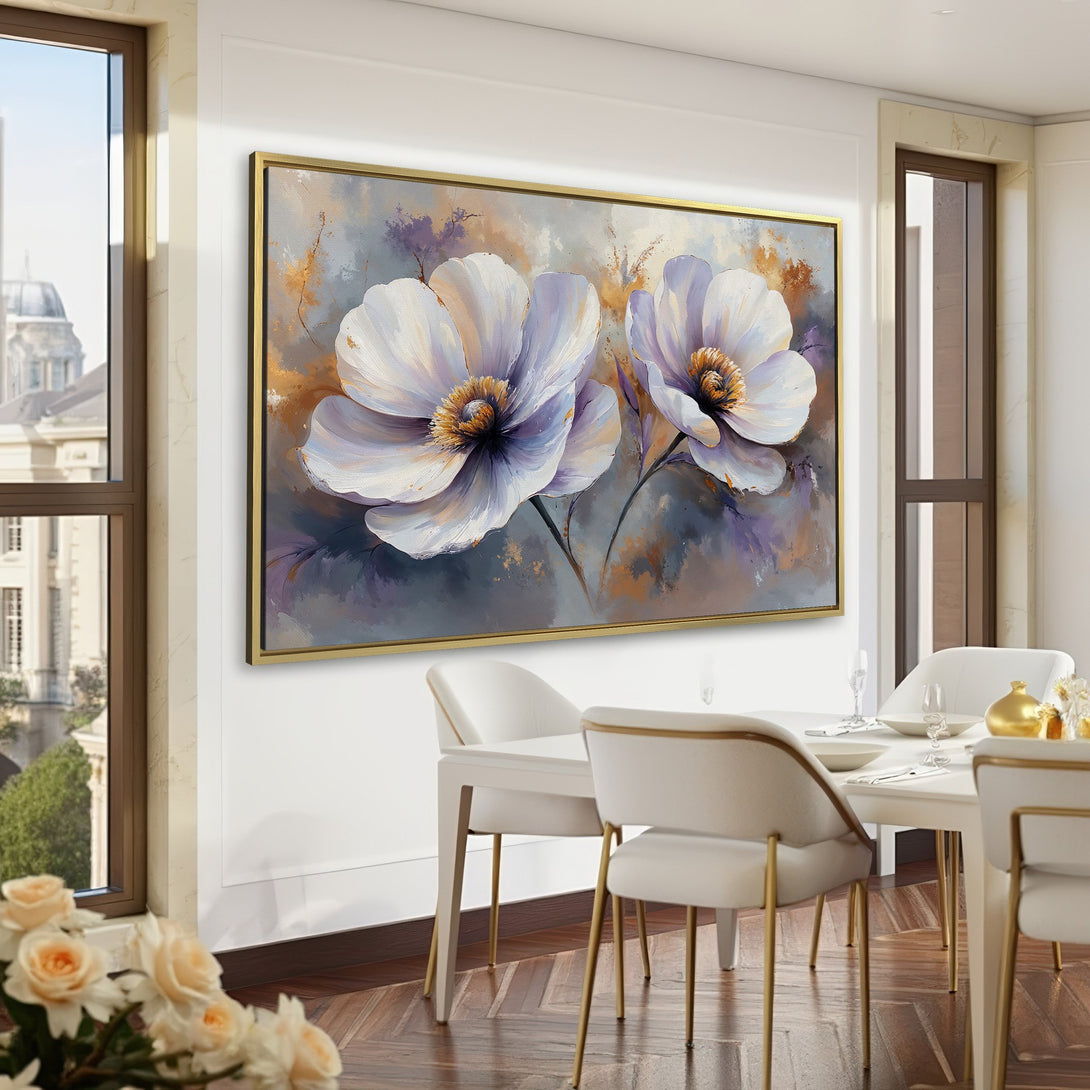 Canvas Print featuring elegant white flower art in a modern interior. Soft, muted color palette. Perfect for adding a touch of sophistication to your space.