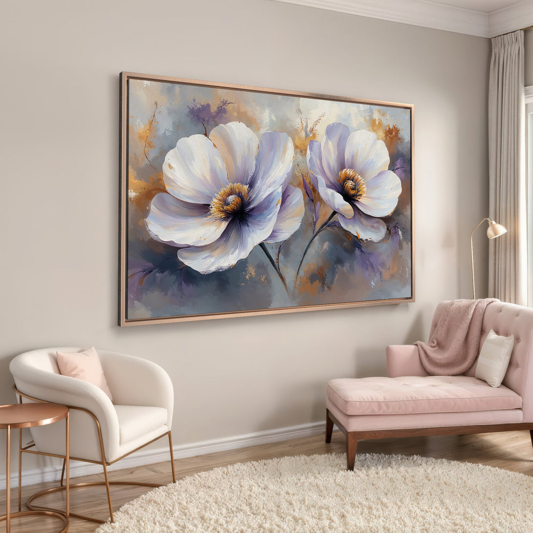 Framed Wall Art of elegant white floral painting in a modern interior. Soft, muted color palette with gold accents. Perfect for home decor.